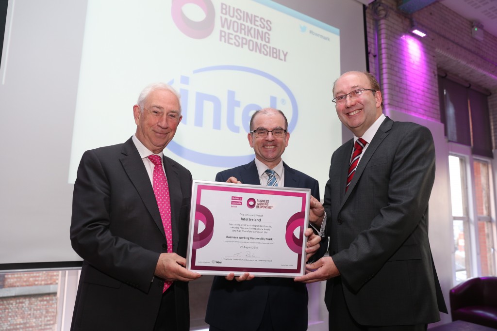 Pictured from left Kieran McGowan Chairman BITCI with Leonard Hobbs Director Global Public Affairs Intel accepting the Mark for the third time and Maurice Buckley CEO NSAI 