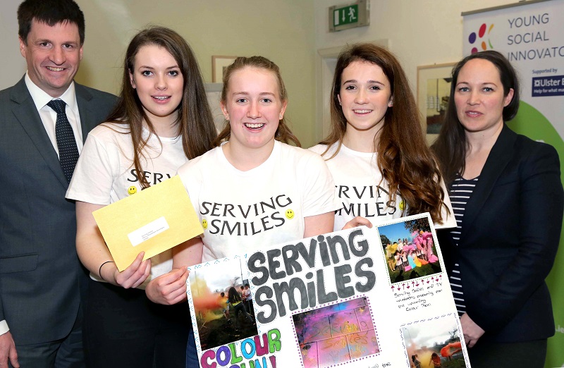 25.2.16. Cork. Young Social Innovators, Cork Den. Here with Den dragon panel members, Pat Horgan, Ulster Bank and  Niamh Fitzpatrick YSI, L to R, Maebh Buckley, Rachel Deasy and Emma Ryan from Mercy Mounthawk Secondary School, Tralee, County Kerry. Photo by Derek Speirs (additional caption information available from Young Social Innovators)