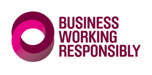 White background with purple writing saying business working responsibly