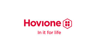 red writing on white background saying hovione in it for life
